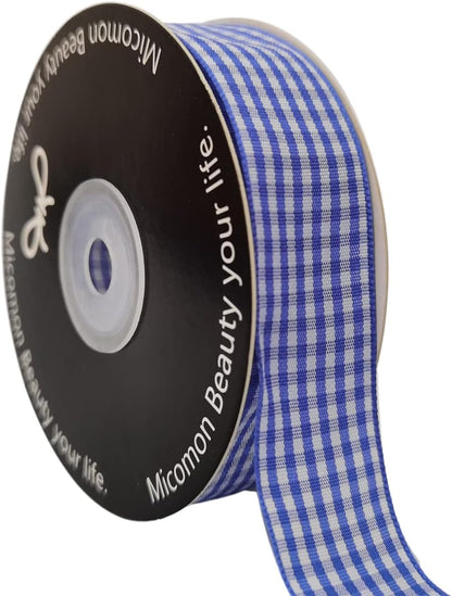 Blue and White Gingham Ribbon Plaid Ribbon 25 Yards Each Roll 100% Polyester (1", Blue) - Crafty Corner