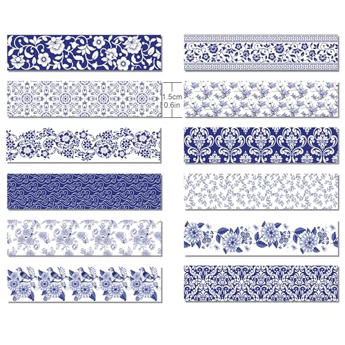 12 Pcs blue and white porcelain Washi Tape Maple Leaf Print Masking Tape Pumpkin Pattern Decorative Paper Sticker for Fall Party Holiday Scrapbook DIY Craft Gift Wrapping Handbook Sticker (12 Count)