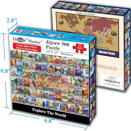 Colorful Vintage World Travel Poster 500 Pieces Large Format Jigsaw Puzzle for 13+