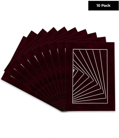 Pack of Ten Acid Free 11x14 Mats Bevel Cut for 8.5x11 Photos - Dark Red Suede Precut Matboards With Backing Boards and Self Seal Photo Mat Bags For Pictures, Photos, Framing - 4-ply Thickness