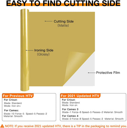 HTVRONT HTV Vinyl Rolls Heat Transfer Vinyl - 12" x 8ft Gold HTV Vinyl for Shirts, Iron on Vinyl for All Cutting Machine - Easy to Cut & Weed for Heat Transfer Design (Gold)