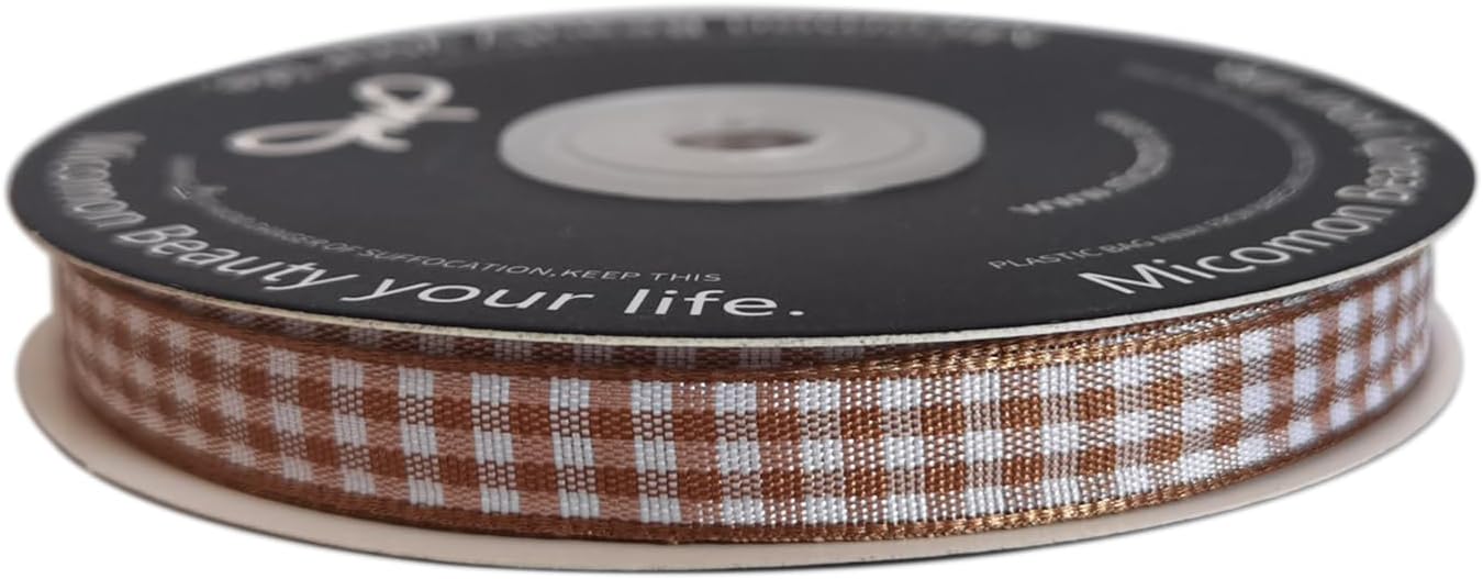 Micomon Khaki and White Woven Edge Plaid Ribbon 100% Polyester Gingham Ribbon 25 Yards Each Roll (3/8"Khaki) - Crafty Corner