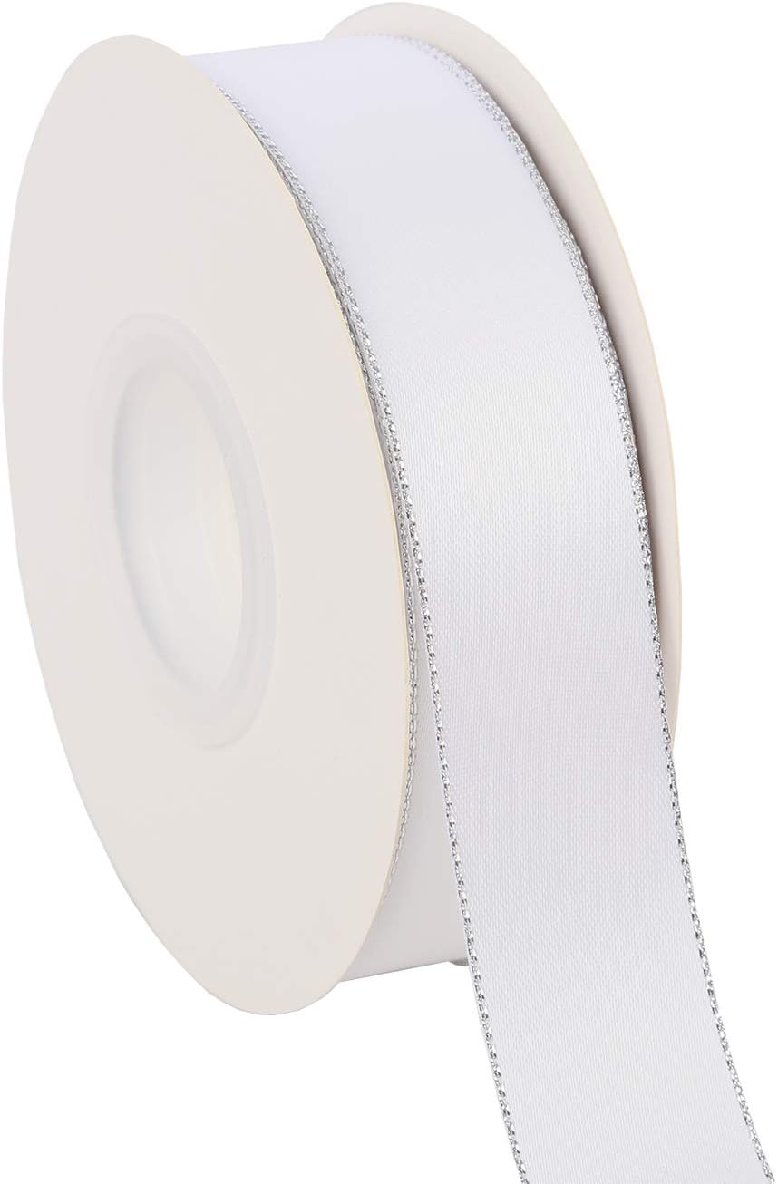 ITIsparkle 1" Inch Double Faced Satin Ribbon 25 Yards with Silver Edges, 1" X 25Yd - White - Crafty Corner