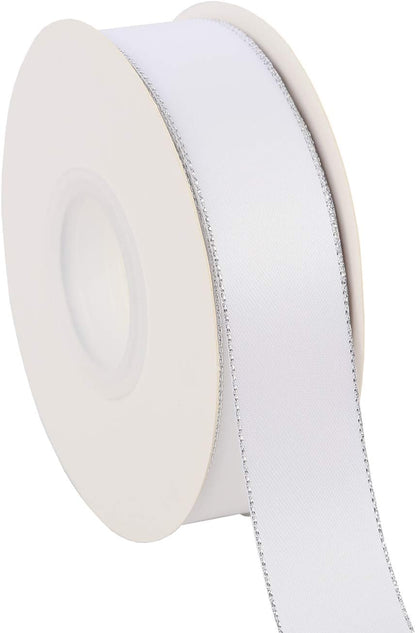 ITIsparkle 1" Inch Double Faced Satin Ribbon 25 Yards with Silver Edges, 1" X 25Yd - White - Crafty Corner