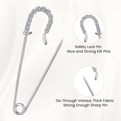 Housweety 10 Silver Tone Rhinestone Safety Pins Brooches 6.5x1.8cm