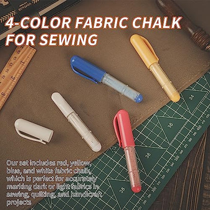 4-pack) Fabric Chalk Markers (Red, Yellow, Blue, White) -Erase Tailor’s Chalk for Quilting and Sewing - Compatible with Most Fabrics - With Dosing Wheel Technology, 4 Colors (4 Count)