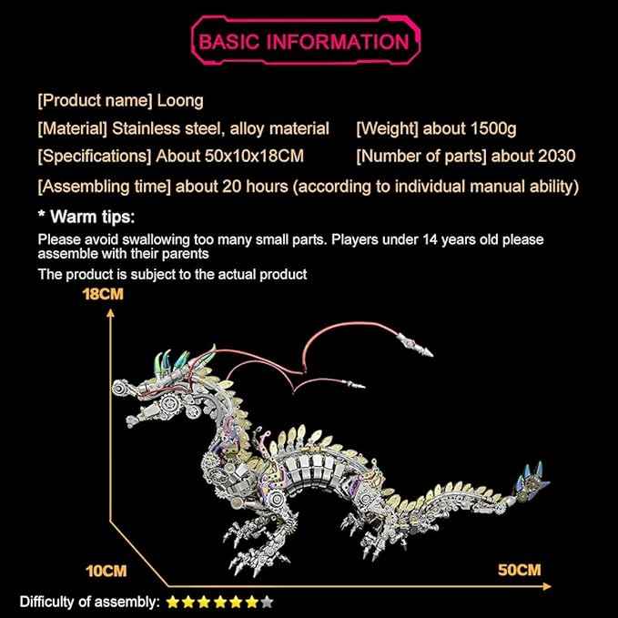 3D Metal Puzzle - Large Chinese Dragon Model Kit - Mechanical Metal Jigsaw- DIY Desk Ornament - Assembly Dinosaur Crafts Brain Teaser - Perfect for Adults