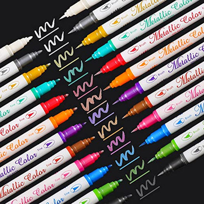 Metallic Markers Dual Tip Metallic Marker Pens Brush and Fine Point Pens for Black Paper (12 Count)