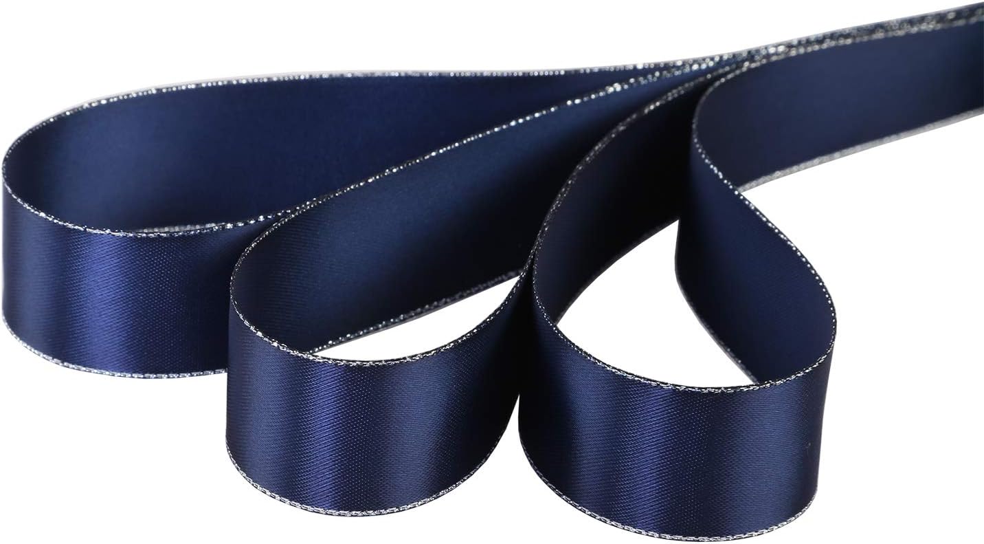 ITIsparkle 1" Inch Double Faced Satin Ribbon 25 Yards with Silver Edges, 1" X 25Yd - Navy - Crafty Corner