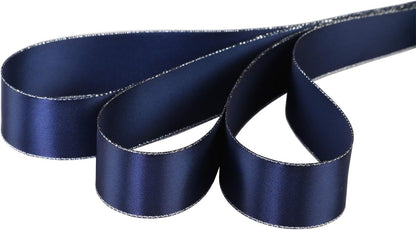 ITIsparkle 1" Inch Double Faced Satin Ribbon 25 Yards with Silver Edges, 1" X 25Yd - Navy - Crafty Corner