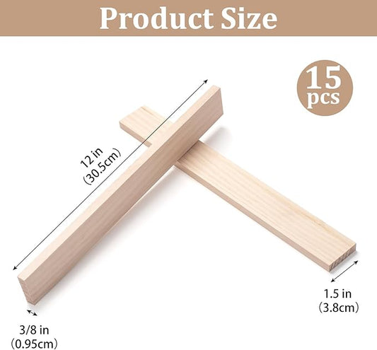 Wood Trim Wooden Strips Slats for Crafts, Square Wooden Dowels Sticks for Crafts, 3/8" × 1.5" × 12", 15 PCS Wood Dowel Rods for Crafting, Unfinished Hardwood Sticks Flat Lumber Boards for Woodworking