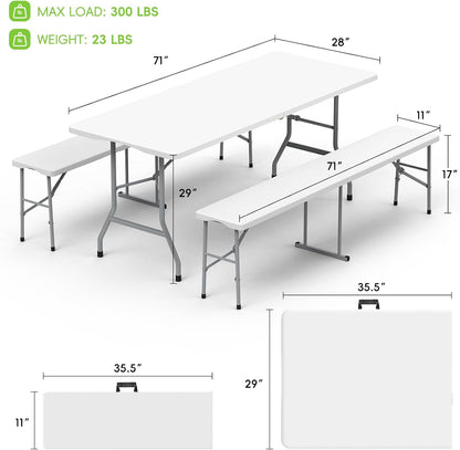 HLPB Folding Table Picnic Table Set, 6 ft Camping Table with 2 Benches, Outdoor Indoor Portable Folding Furniture for Working Meeting Party, Camping, Picnic, Weddings w/Handle and Safety Locks, White