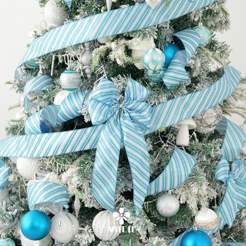 Blue Diagonal Stripe Ribbon 2.5 Inch Blue Satin with Turquoise and Teal Glitter Wired Ribbon for Wreath Bow (30 Foot)
