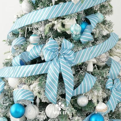 Blue Diagonal Stripe Ribbon 2.5 Inch Blue Satin with Turquoise and Teal Glitter Wired Ribbon for Wreath Bow (30 Foot)