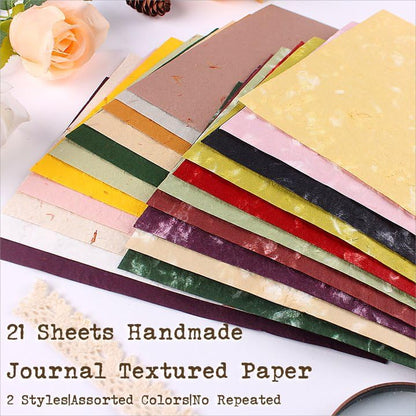 Textured Handmade Paper Sheets for Crafts, 21 Sheets A5 Thick Mulberry Scrapbook Paper for Card Making Supplies, Embossed, DIY Art Junk Journal, Collage, Mixed Media