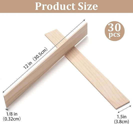 Wood Strips Slats Wooden Sticks for Crafts 1/8" × 1.5" × 12", 30 PCS Thin Wood Trim Planks Lumber Flat Boards Pieces Square Wooden Dowel Rods for Crafting, Woodworking, Model Making