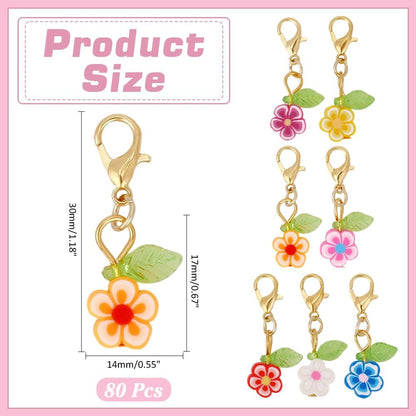 80Pcs Flower Stitch Markers Charms Handmade Polymer Clay Pendant Decorations Alloy Lobster Claw Clasps Charms Knitting Crochet Notions Clip On for Weaving Sewing Bag Ornaments