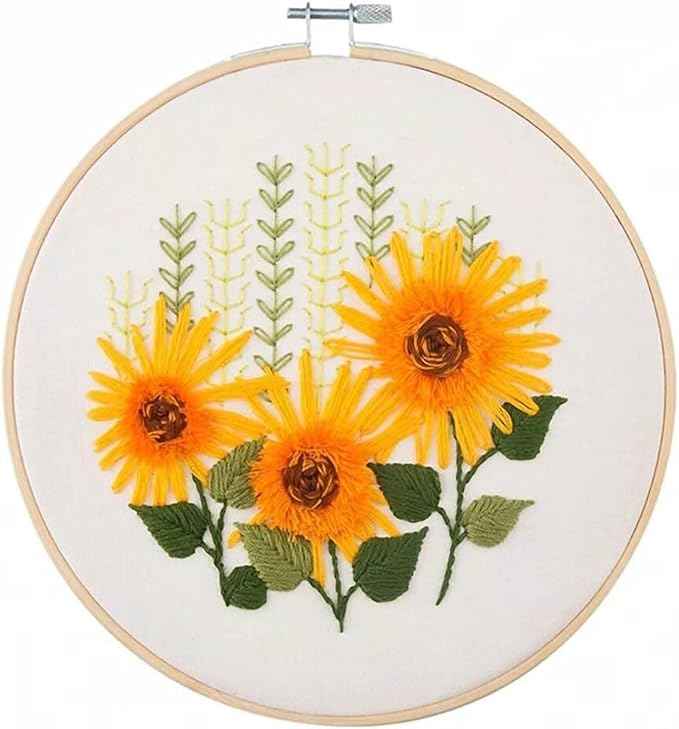BlingBling5 Embroidery Kits for Adults Full Range of Starter Including Instructions Stamped Cloth with Pattern Hoop Color Threads and Tools Punch Needle Kit(Sunflower Florals)