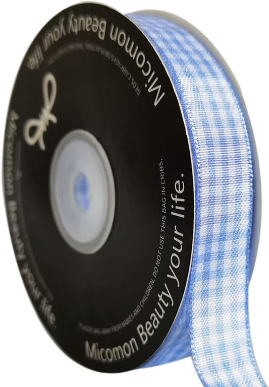 Light Blue Gingham Plaid Checked Ribbon 25 Yard Each Roll 100% Polyester (5/8", Light Blue) - Crafty Corner