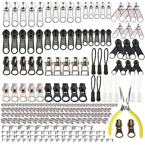 255 Pcs Zipper Repair Kit with Pliers Fix Zippers Sliders Pull Stop (255 Count)