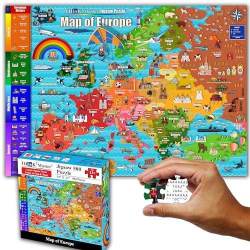 Colorful Map of Europe 500 Pieces Jigsaw Puzzle with Very Large Pieces for 13+