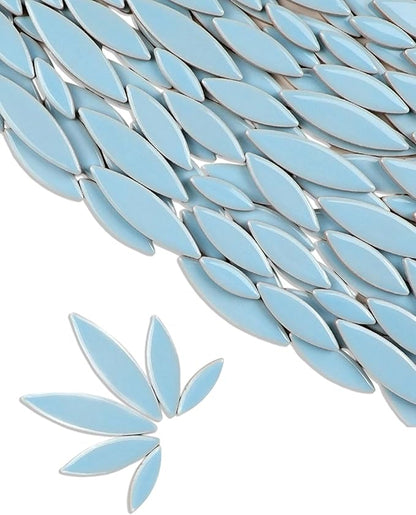 200g Ceramic Petals Bulk Mosaic Tiles for Craft, Small Oval Stepping Stone Kit, Glazed Porcelain Pieces for Coaster Tray House Number Mirror Lamp Home Decorations (Light Blue)