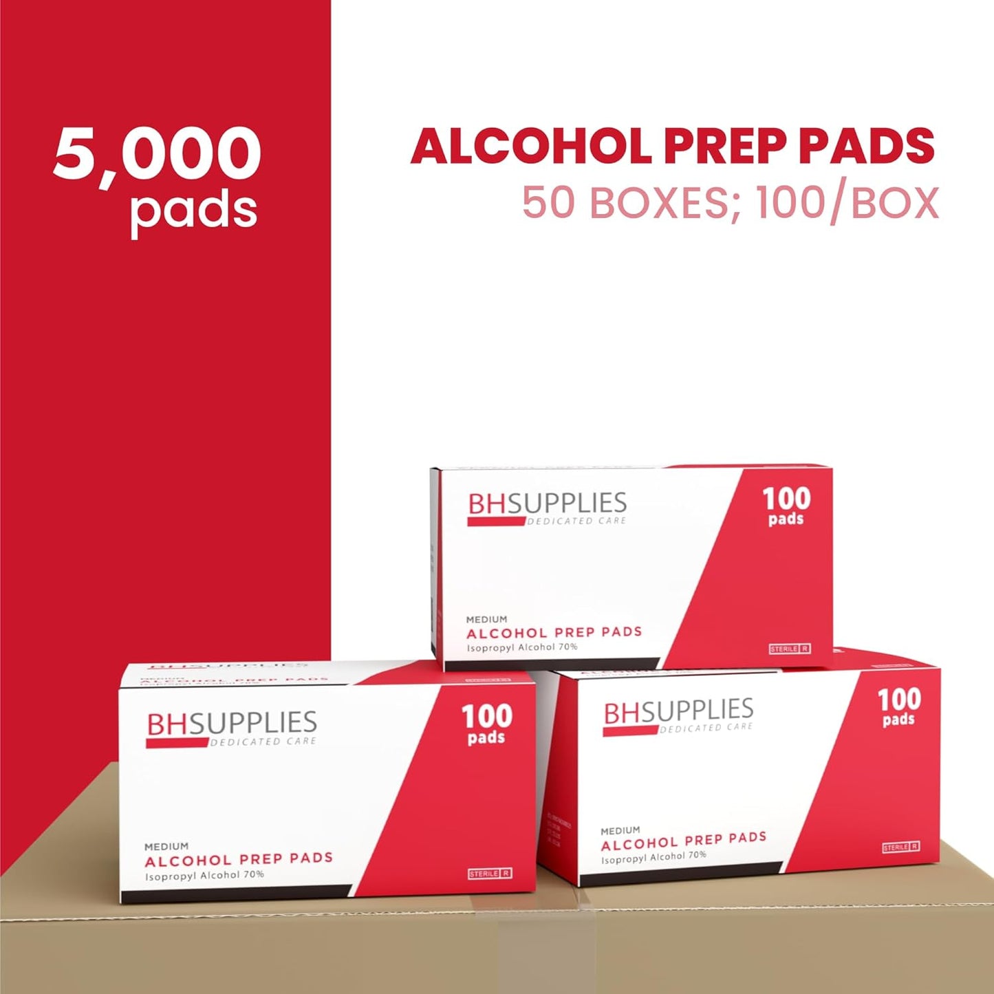 Bulk Case: 100 pcs/Box - 54 Boxes - BH Supplies Alcohol Prep Pads - 70% Isopropyl (Total 5400 pcs)