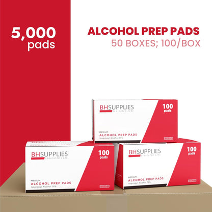 Bulk Case: 100 pcs/Box - 54 Boxes - BH Supplies Alcohol Prep Pads - 70% Isopropyl (Total 5400 pcs)