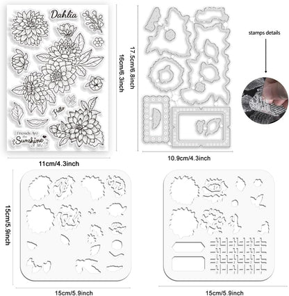 ORIGACH Realistic Dahlia Layering Stencils Set for Card Making, Dahlia Silicone Stamps and Die Sets and Flower Stencil Template for Scrapbooking DIY Crafting