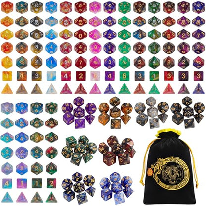 Starry Glitter Polyhedral Dice Set with Drawstring Pouch (182 Count)