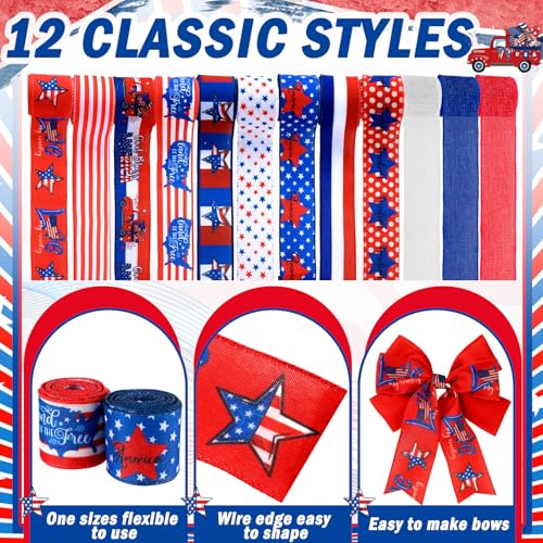 12 Rolls 60 Yards Memorial Day Ribbon Stars and Stripes Burlap Wired Edge Ribbon White Blue Red Crafts for 4th of July 250th Anniversary Patriotic Independence Day Gift Wrapping DIY Bow Craft (12 Count)