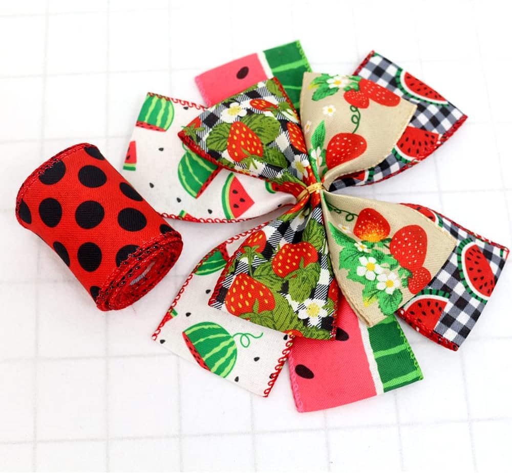 2.5" Watermelon and Strawberry Ribbon,Summer Craft Wire Edged Ribbon,Checks,Polka Dots,Watermelon Slices,Strawberries and Flowers Faux Linen Ribbons for Floral Arrangements, Packages and Home Decor. - Crafty Corner
