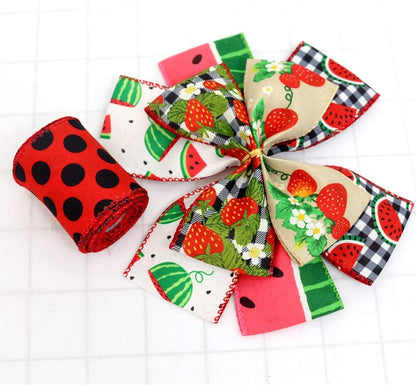 2.5" Watermelon and Strawberry Ribbon,Summer Craft Wire Edged Ribbon,Checks,Polka Dots,Watermelon Slices,Strawberries and Flowers Faux Linen Ribbons for Floral Arrangements, Packages and Home Decor. - Crafty Corner