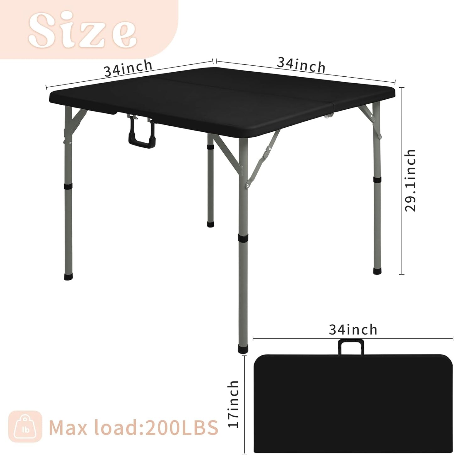 34" Square Folding Table,Multi-Functional Portable Folding Card Table with Carrying Handle for Indoor Outdoor Camping,Picnic, Office, Party Use, HDPE Plastic Tabletop with Metal Frame(Black)