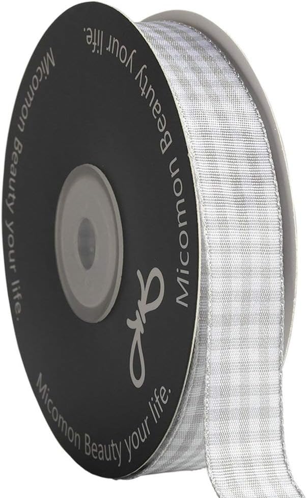 Gingham Ribbon - Gray and White, 25 Yards Each Roll, 100% Polyester (5/8") - Crafty Corner