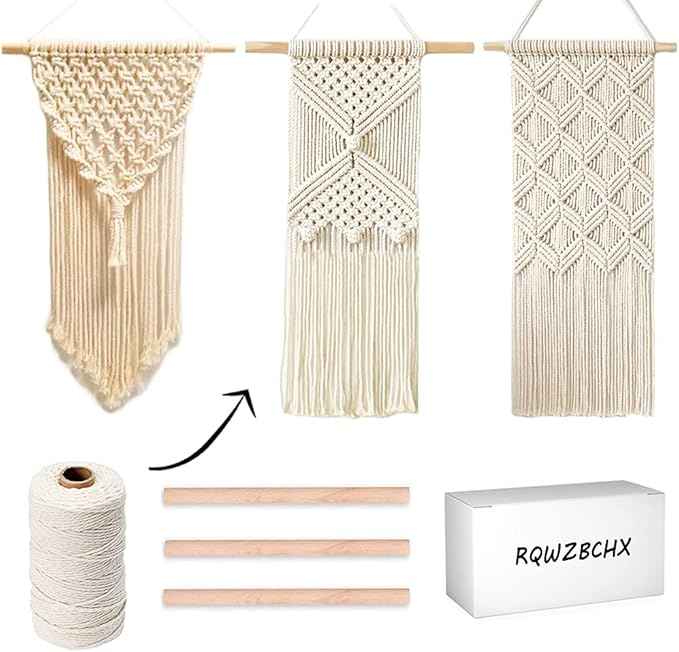 RQWZBCHX DIY Macrame Wall Hanging Kits, 3 Patterns Macrame DIY Wall Hangers for Beginners, Home Decor with 200 Meters Macrame Cord, 3 PCS Wooden Dowels and Instruction Booklet for Macrame Starters
