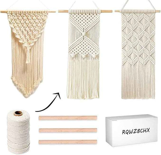 RQWZBCHX DIY Macrame Wall Hanging Kits, 3 Patterns Macrame DIY Wall Hangers for Beginners, Home Decor with 200 Meters Macrame Cord, 3 PCS Wooden Dowels and Instruction Booklet for Macrame Starters