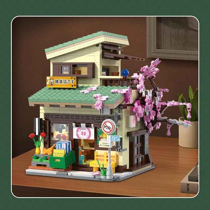 CaDA Japanese Style Cat Grocery Store House Building Set, Master C66015W City Street Brick Kit with Lights, 8921PCS Modular House Idea Gift for Adults