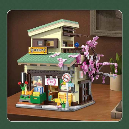 CaDA Japanese Style Cat Grocery Store House Building Set, Master C66015W City Street Brick Kit with Lights, 8921PCS Modular House Idea Gift for Adults
