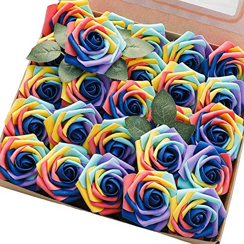 Artificial Flowers 25pcs Real Looking Whimsical Blue Foam Fake Roses with Stems for DIY Wedding Bouquets Baby Shower Centerpieces Floral Arrangements Party Tables Home Decorations (25 Count)