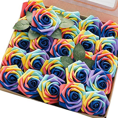 Artificial Flowers 25pcs Real Looking Whimsical Blue Foam Fake Roses with Stems for DIY Wedding Bouquets Baby Shower Centerpieces Floral Arrangements Party Tables Home Decorations (25 Count)
