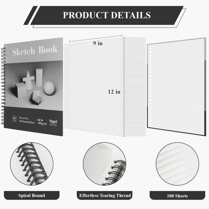 Yagol Sketch Book 9x12 Inch 100 Sheets 68LB/100GSM, Sketch Pad with Spiral-Bound Art Paper for Drawing and Painting for Pencils, Charcoal, Dry Media
