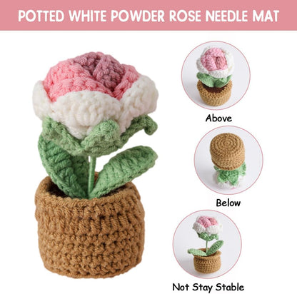 Rose Pin Cushion, Handmade Knitted Pincushions, Cute Pin Cushions Needle Holders for Sewing Quilting Accessory, DIY Crafts or Patchwork Decor.Potted White Pink Rose