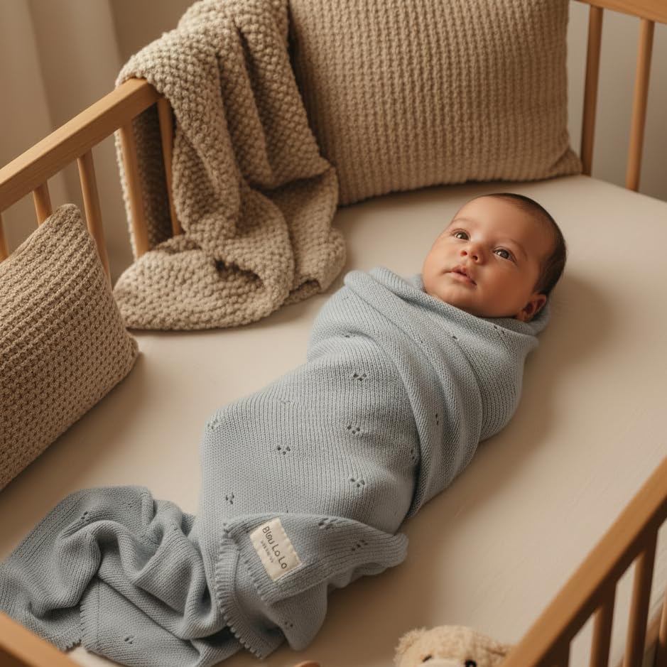 100% Luxury Organic Cotton Pointelle Knit Baby Quilt Blanket for Boys