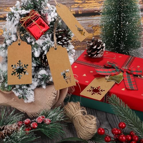 150 Pieces Christmas Paper Gift Tags Brown Kraft Tags Hang Labels Christmas Tree Snowflake Reindeer Design with 30 Meters Jute Twine for Christmas DIY Wrapping Favor Holiday Present (150 Count)