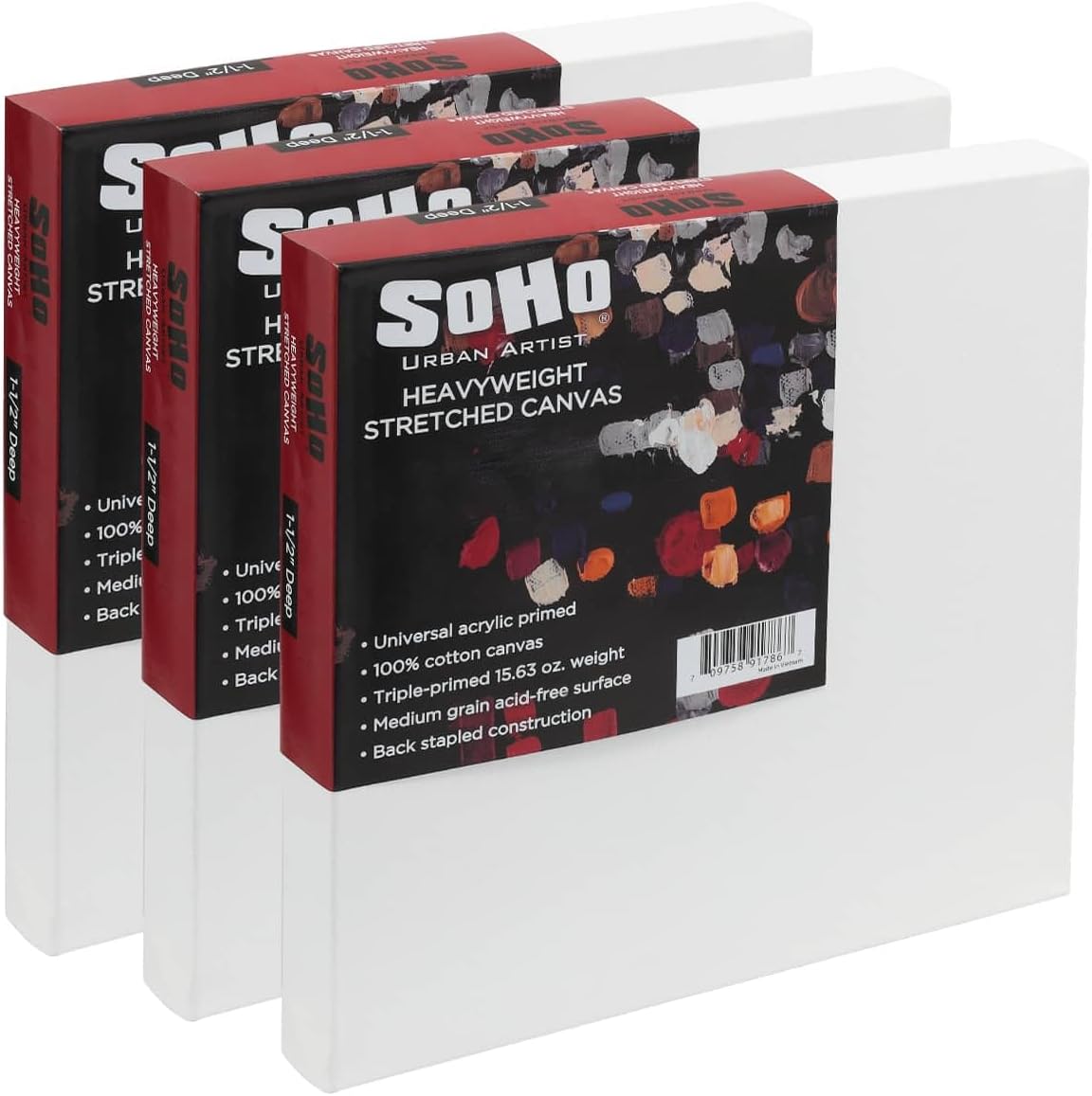 SoHo Urban Artist, 16x16 Heavyweight Stretched Cotton Canvas for Painting - 1.5" Deep- 3 Pack, Triple Primed, 100% Cotton Canvas, Archival, Universal Primed for Oil, Acrylic, Alkyd, Mixed Media