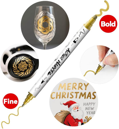 TRANSON 3 Gold, 3 Silver, 1 Black and 1 White Paint Markers Bold and Fine Dual-tip Acrylic Paint Marker Set for Rock Painting Glass Canvas Wood Leather Ceramic Painting