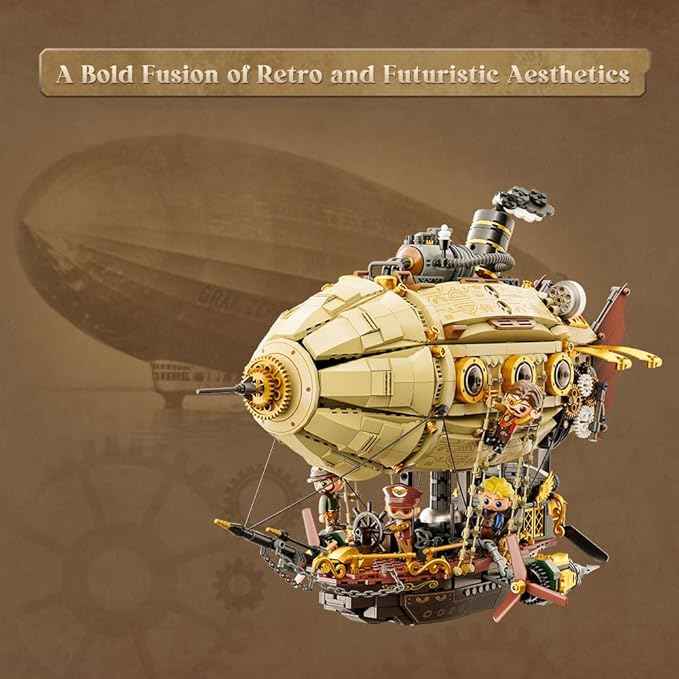 PANTASY Steampunk Airship Model Kit for Adults, Dual-Layer Zeppelin with Gear-Driven Mechanical System, DIY Building Blocks Set, Retro Sci-Fi Construction Toy for Collectors & Display