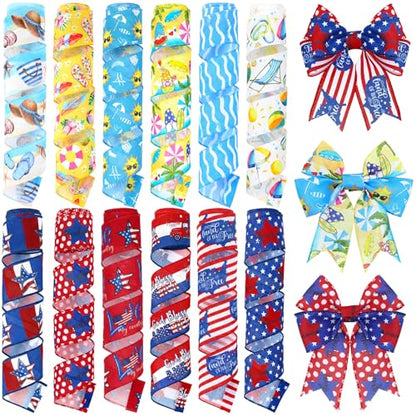12 Rolls Summer Wired Edge Ribbon for Wreaths (12 Count)