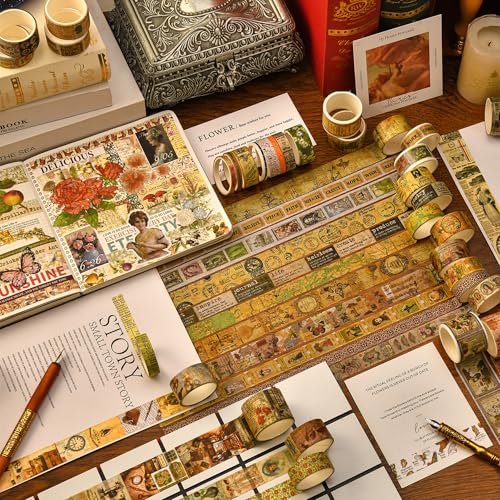 36 Rolls Vintage Washi Tape Pack Retro Arts Adhesive Tapes Wide Chronicle Decorative Masking Tape Sets for Craft (36 Count)